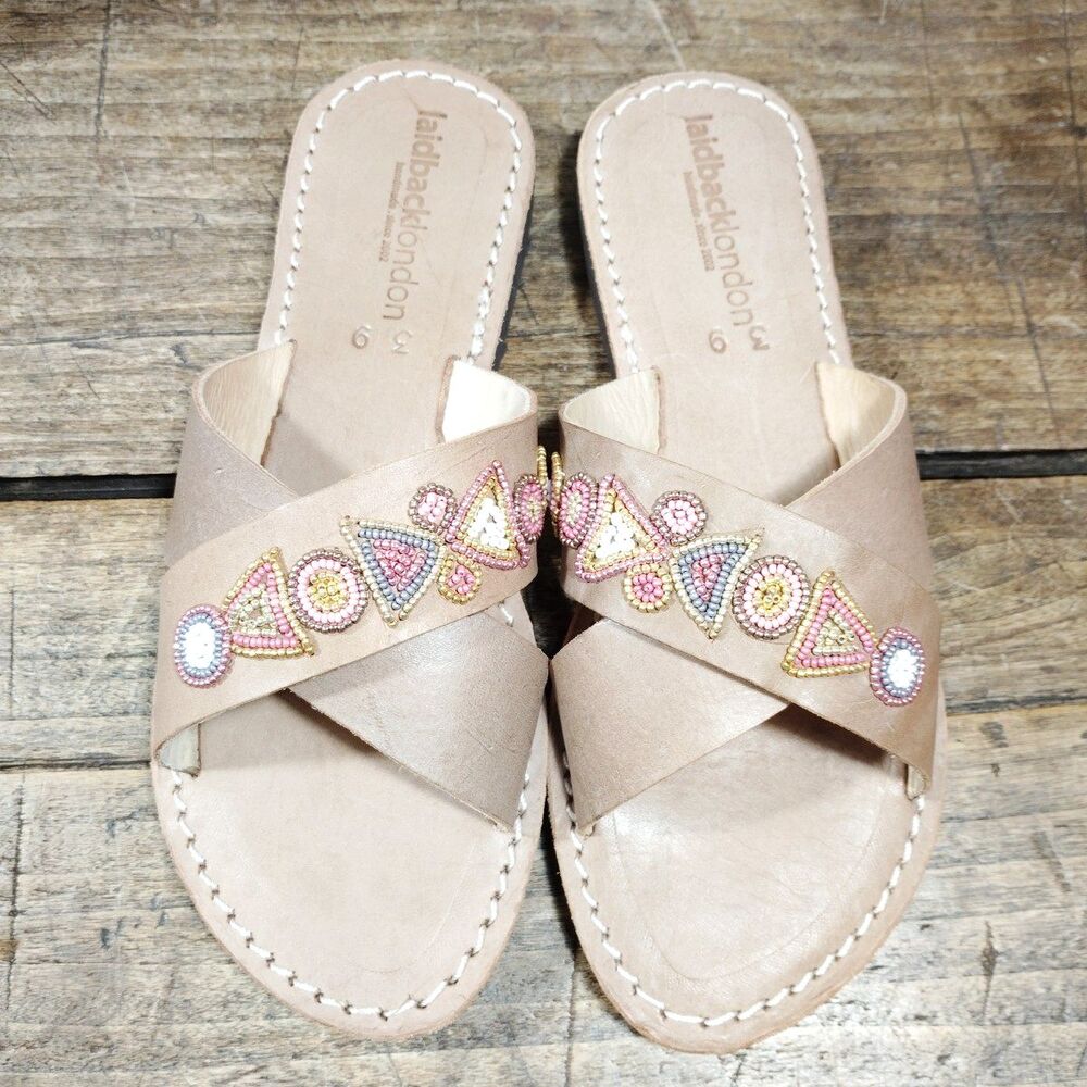 Laidback London Sandals Womens Sz 8 EU39 Slide Shoes Beaded Flats Slip On Tan